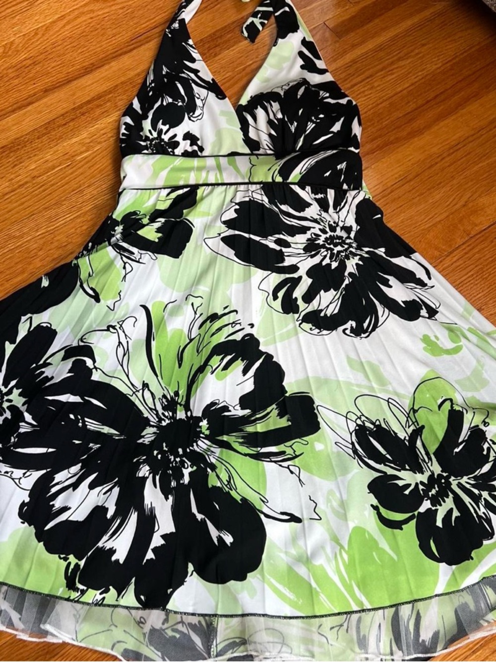 Y2K Floral Halter Mini Dress in Black, White & Lime Green